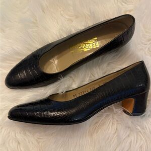 Salvatore Ferragamo Black Croc-Embossed Leather Pointed Toe Block Heels